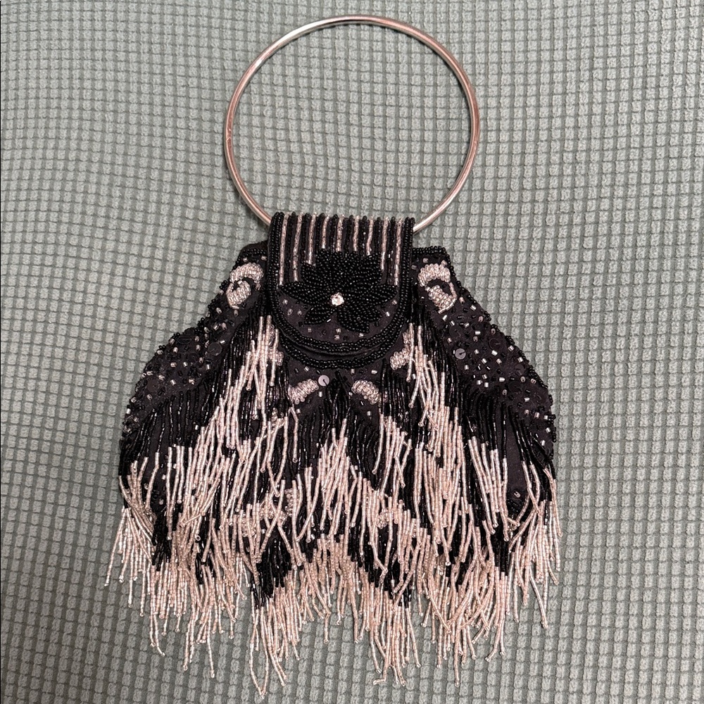 Elegant Black and Silver Beaded Clutch Evening Bag Used